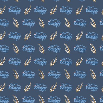 Seamless Easter pattern with Happy Easter text in cursive and pussy willow branches on dark blue background, festive seasonal design for wrapping paper and holiday decor
