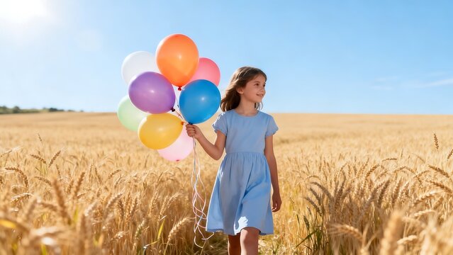Young girl with balloons in wheat field