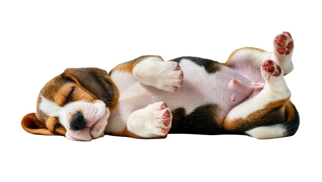Sleeping tri-color beagle puppy curled up in a relaxed pose paws tucked, isolated on transparent background for pet adoption campaigns