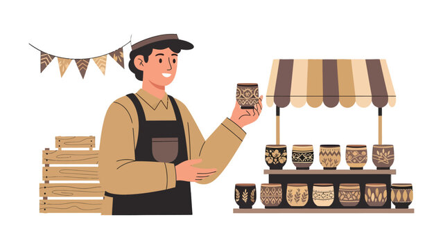 Artisan Display: An artisan presents a beautifully crafted ceramic cup with intricate patterns at a charming outdoor market stall, embodying the essence of craftsmanship and creative expression.