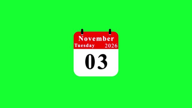 November 3 2026 Calendar Page on Green Screen tuesday