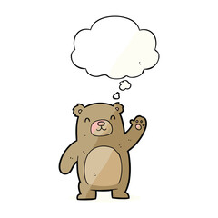 Fototapeta premium A friendly cartoon teddy bear with a thought bubble above its head, waving hello with a smile