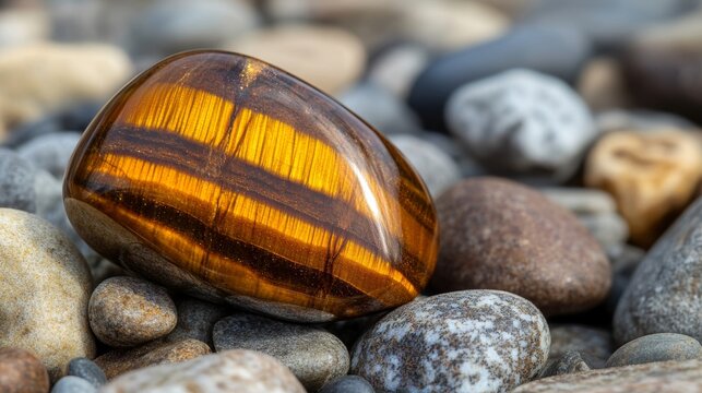 Polished Tiger's Eye Gemstone on Pebble Beach Background with Golden Chatoyancy and Natural Texture