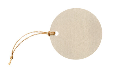Round kraft paper tag with a jute twine string, elegantly suspended and isolated on transparent...