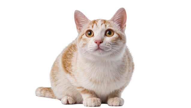 Fluffy ginger tabby cat sitting attentively with large golden eyes displaying soft fur and a curious expression, isolated on transparent background for design