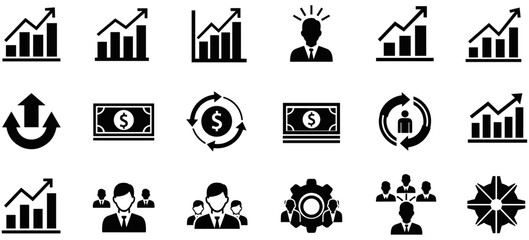 Fototapeta premium Business and finance icons set with growth charts, teamwork, leadership, money exchange, strategy, innovation, and organizational success illustration