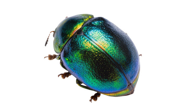Iridescent metallic green scarab beetle with textured carapace and delicate antennae, isolated on transparent background for nature designs