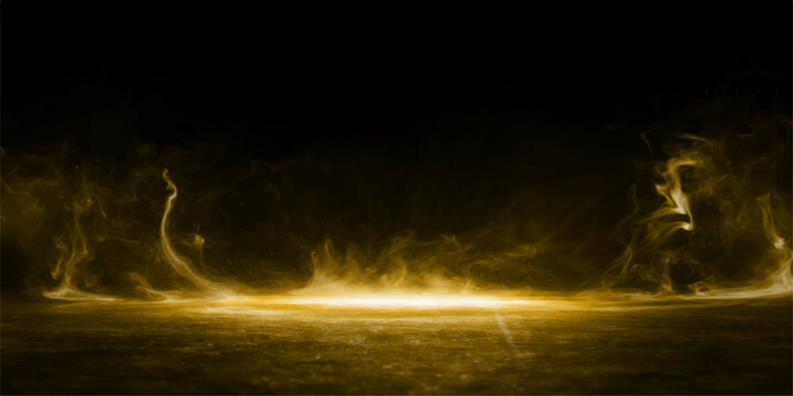 An abstract fire and smoke cloudscape glows with bright color against a dark storm night sky and moon light backdrop