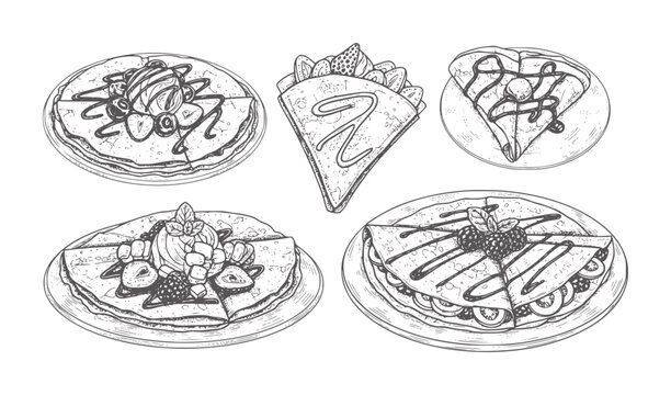 Hand drawn of five delicious crepes with fruit and chocolate pancakes dessert food
