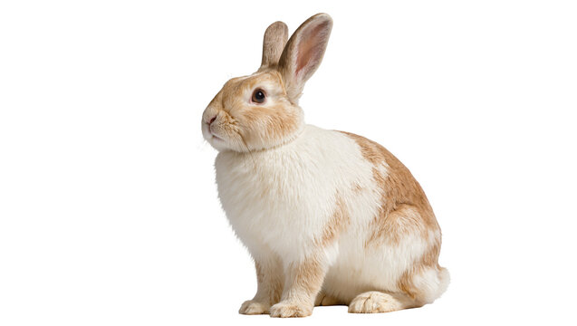 Brown and white spotted domestic rabbit sitting attentively gazing forward with alert ears, isolated on transparent background for animal themes