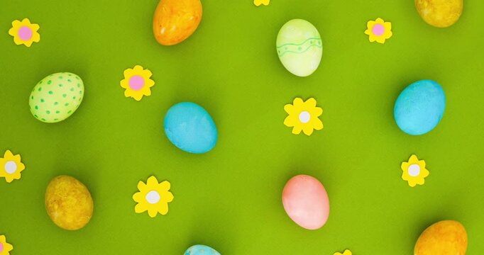 Flat lay pattern of multicolored Easter eggs and small yellow flowers on a green background, top view. Looped 4K stop motion animation