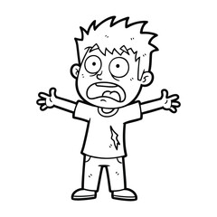 Fototapeta premium A black and white line drawing of a scared boy with spiky hair and wide eyes, arms outstretched in surprise