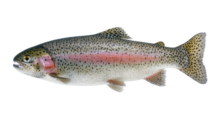 Obraz premium Vibrant rainbow trout displaying iridescent pink stripe along its flank, beautifully isolated on transparent background for culinary or educational uses