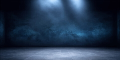 Empty vintage interior room featuring a dark grunge concrete wall and old gray wood floor with a smoky fog texture backdrop for design space © DreamPixel Art