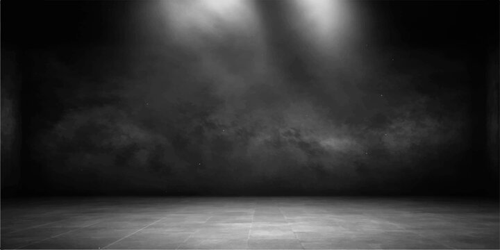 An empty dark room interior features a grunge concrete wall and floor with a dirty cement texture, creating a vintage gray stone backdrop in a blank aged space