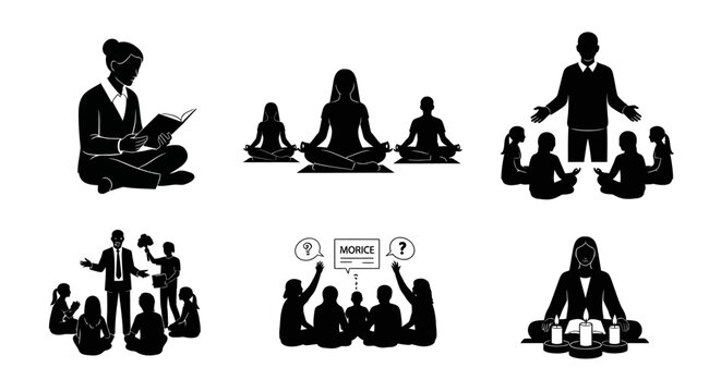 A collection of black silhouette icons depicting various educational and spiritual group activities Vector, illustration