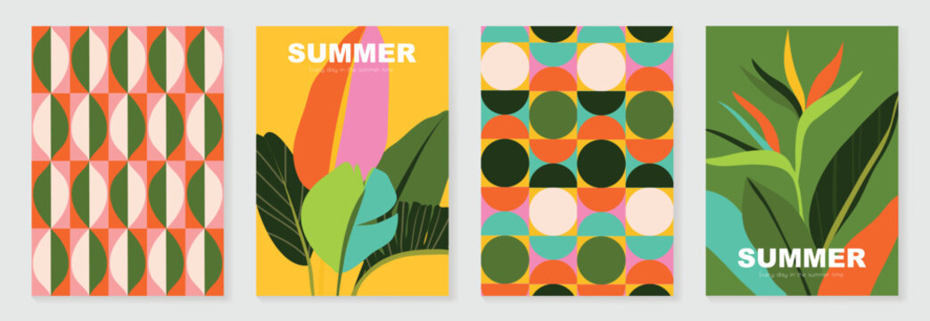 Summer tropical poster set vector. Midcentury modern botanical leaves, bird of paradise flower, geometric circle pattern and striped abstract cover in yellow, blue, orange, green and brown wall art.
