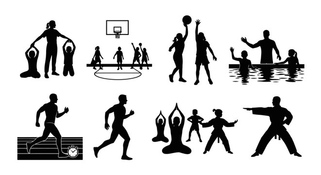 A collection of black silhouettes depicting various sports and recreational physical activities Vector, illustration