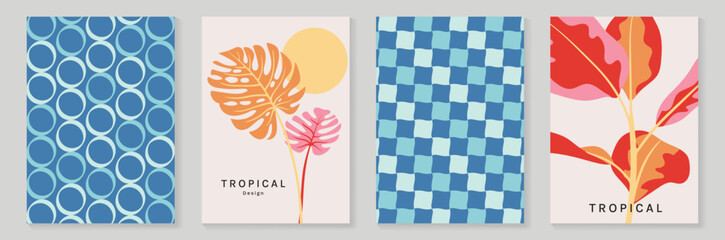 Obraz premium Summer tropical poster set vector. Retro botanical leaf wall art with circular pattern and checkerboard geometric background in blue, coral, orange, pink and cream for home decor prints.