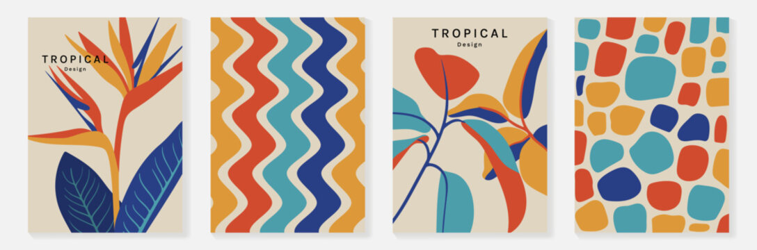 Summer tropical poster set vector. Midcentury modern botanical leaves, bird of paradise flower, geometric circle pattern and striped abstract cover in yellow, blue, orange, green and brown wall art.