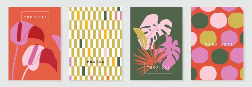 Summer tropical poster set vector. Retro botanical monstera and palm leaf wall art with abstract fan pattern and geometric checker background in coral, pink, green, cream and mustard for home decor.