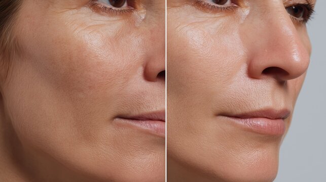 Extreme close-up beauty shot of female cheekbone, skin texture transformation: left side with fine lines and dullness, right side smooth, plump, radiant after GHK-Cu copper peptide treatment.