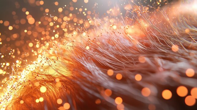 Macro shot of healthy hair follicles regrowing through scalp, copper peptide molecules visualized as glowing copper particles penetrating hair roots, scientific medical imagery, trichology concept