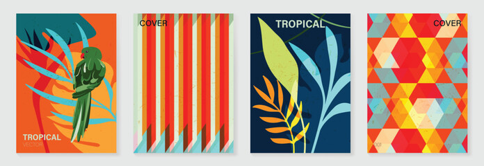 Obraz premium Summer tropical poster set vector. Retro botanical monstera and palm leaf wall art with abstract fan pattern and geometric checker background in coral, pink, green, cream and mustard for home decor.