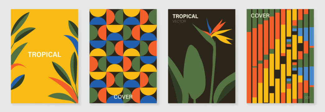 Summer tropical poster set vector. Midcentury modern botanical leaves, bird of paradise flower, geometric circle pattern and striped abstract cover in yellow, blue, orange, green and brown wall art.