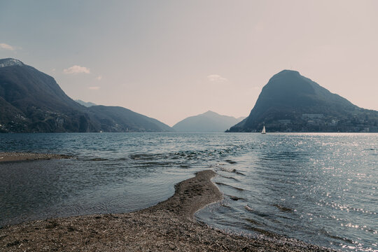 Landscape of Lake Lugano on a sunny spring day from Paradiso municipality of Lugano, canton of Ticino, Switzerland