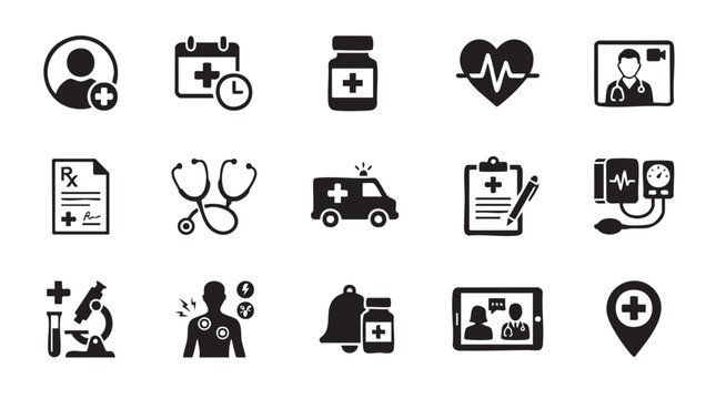 Collection of monochrome medical and healthcare vector graphic icons representing diagnostics appointments prescriptions cardiology ambulance and laboratory research