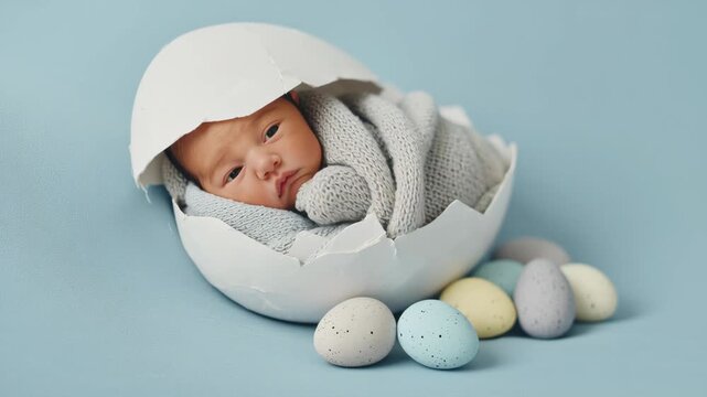 Newborn baby wrapped in gray blanket peeks out from broken eggshell surrounded by pastel colored eggs on soft blue background in a cozy setting