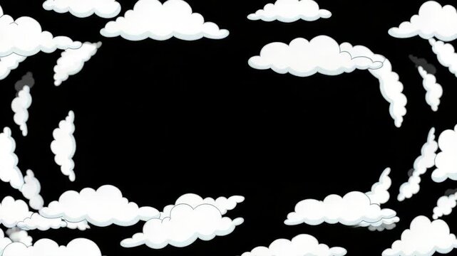 Cartoon white clouds forming a circular frame border against a solid black background for motion graphics and animation overlays