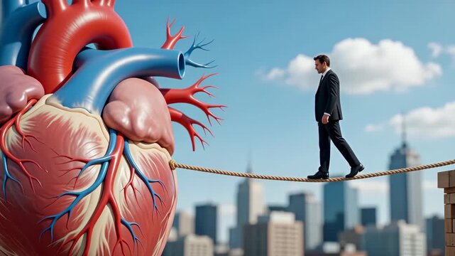 Businessman walking on a tightrope connected to a large anatomical human heart model with a city skyline background