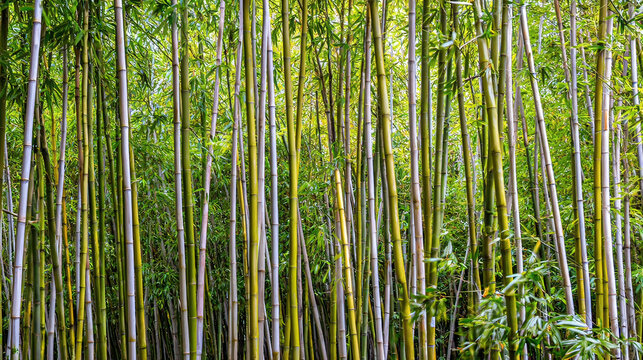 clacking. Bamboo stalks swaying and clacking in forest breeze with filtered daylight and motion blur. gardening catalogs, home-decor guides, designed for home decor and floral branding.
