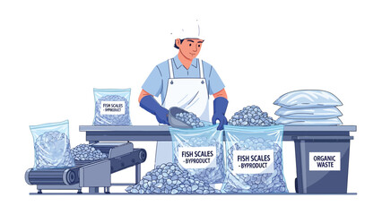 Fish Scales Processing: A worker meticulously manages the process of fish scales processing in a modern facility, showing the careful steps required from initial sorting to packaging. © mstmahmuda