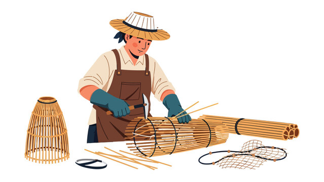 Crafting Tradition: A skilled artisan meticulously weaves a fish trap, showcasing the enduring art of handmade craftsmanship.
