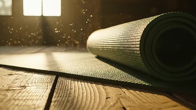 Yoga mat on wooden floor with sunlight through window in background scene