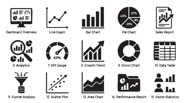 Collection of business data visualization vector icons illustrating various charts reports and analytics for digital presentation design
