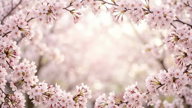 Beautiful sakura flower branches forming a circular border for copy space on sunny spring day