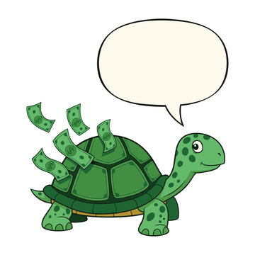 A cartoon illustration of a green turtle with dollar bills on its shell and a blank speech bubble above its head