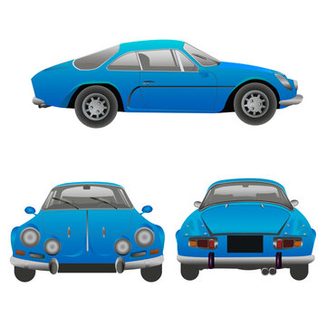 V&eacute;hicule de sport, de couleur bleue, vue de dos, de face et profil sur fond blanc