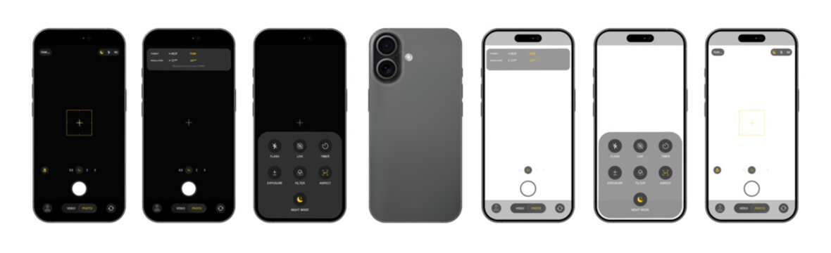 Photorealistic detailed phone photo camera mockup template isolated on transparent background. 2026 design. Vector PNG