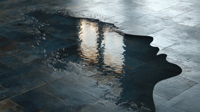 Artistic Female Profile Silhouette Formed by Spilled Water on Slate Tiles, Conceptual Identity Art