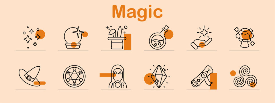 Magic set icon. Line collection with sparkles, crystal ball, magician hat, potion bottle, wand, genie lamp, witch hat, magic circle, ghost figure, crystal, scroll, swirl symbol.