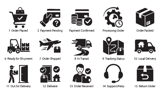 Ecommerce order status icons set with delivery and shipping steps
