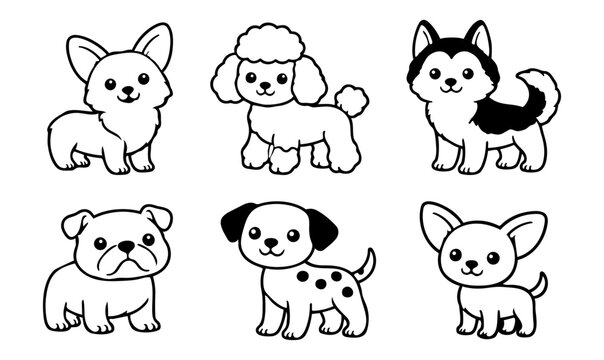 Dog Breeds Doodle Icons Set - Chihuahua, Poodle, Husky, Bulldog, Dalmatian, Coloring Illustration