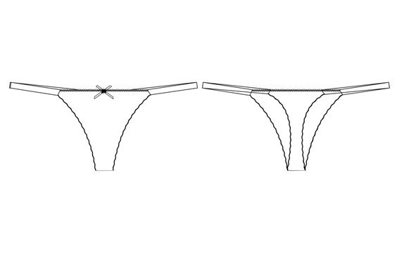 Vector Outline of Women's Briefs for Fashion Tech Pack, Women's Intimate Wear CAD Vector Flat Sketch, Technical Fashion Illustration of Women's G-String Thong Panty.