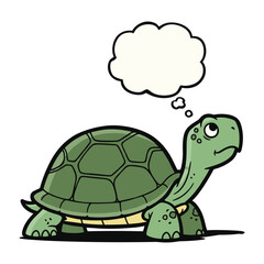 A cartoon illustration of a green turtle with a blank thought bubble above its head, looking contemplatively to the right