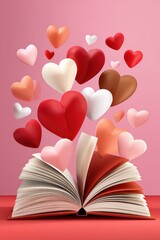 Fototapeta premium Open Book with Floating Hearts in a Dreamy Pink Scene Celebrating Love, Imagination, and Storytelling